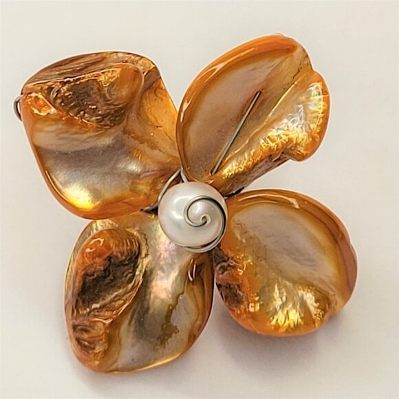 Orange Sea Shell Freshwater Pearl Bead Asymmetric Flower Adjustable Ring - Picture 8 of 13